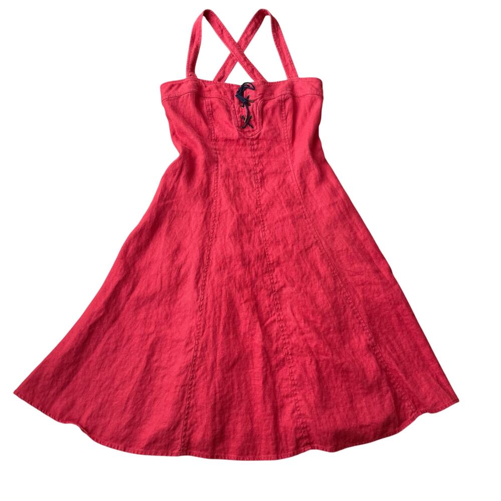 Ralph Lauren Red Linen Lace Up Fit & Flare Dress Size 10 Preppy Chic Minimal